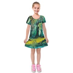 Ai Generated Trees Forest Mystical Forest Nature Art Kids  Short Sleeve Velvet Dress