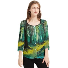 Ai Generated Trees Forest Mystical Forest Nature Art Chiffon Quarter Sleeve Blouse by Ravend