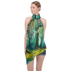 Ai Generated Trees Forest Mystical Forest Nature Art Halter Asymmetric Satin Top by Ravend