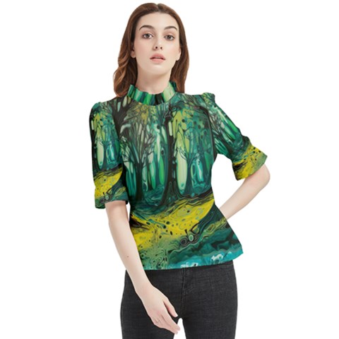 Ai Generated Trees Forest Mystical Forest Nature Art Frill Neck Blouse by Ravend