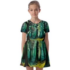 Ai Generated Trees Forest Mystical Forest Nature Art Kids  Short Sleeve Pinafore Style Dress by Ravend