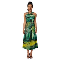 Ai Generated Trees Forest Mystical Forest Nature Art Sleeveless Cross Front Cocktail Midi Chiffon Dress