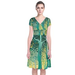 Nature Trees Forest Mystical Forest Jungle Short Sleeve Front Wrap Dress by Ravend