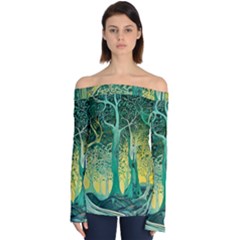 Nature Trees Forest Mystical Forest Jungle Off Shoulder Long Sleeve Top by Ravend