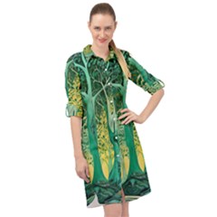 Nature Trees Forest Mystical Forest Jungle Long Sleeve Mini Shirt Dress by Ravend