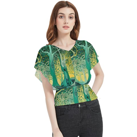 Nature Trees Forest Mystical Forest Jungle Butterfly Chiffon Blouse by Ravend