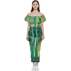 Nature Trees Forest Mystical Forest Jungle Off Shoulder Ruffle Top Jumpsuit by Ravend