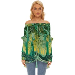 Nature Trees Forest Mystical Forest Jungle Off Shoulder Chiffon Pocket Shirt by Ravend