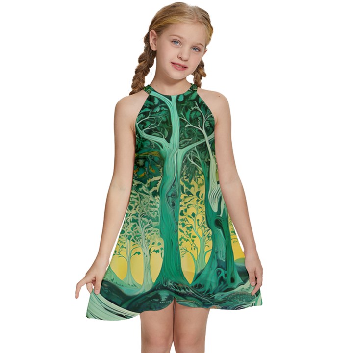 Nature Trees Forest Mystical Forest Jungle Kids  Halter Collar Waist Tie Chiffon Dress