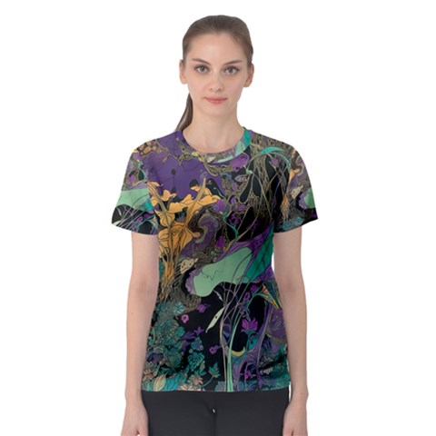 Ai Generated Flowers Trees Forest Mystical Forest Pattern Women s Sport Mesh Tee by Ravend