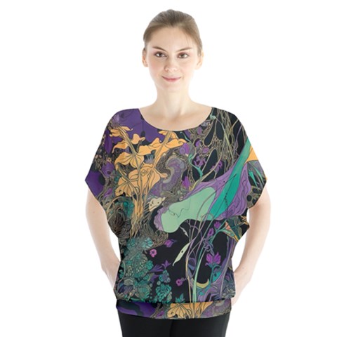 Ai Generated Flowers Trees Forest Mystical Forest Pattern Batwing Chiffon Blouse by Ravend