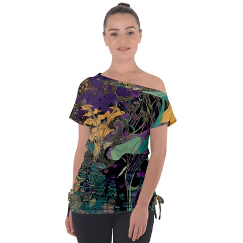 Ai Generated Flowers Trees Forest Mystical Forest Pattern Off Shoulder Tie-up Tee by Ravend