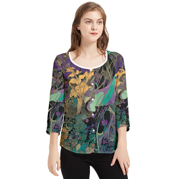 Ai Generated Flowers Trees Forest Mystical Forest Pattern Chiffon Quarter Sleeve Blouse