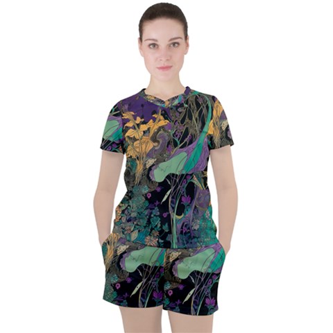 Ai Generated Flowers Trees Forest Mystical Forest Pattern Women s Tee And Shorts Set by Ravend