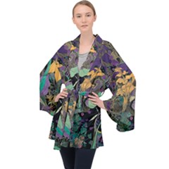 Ai Generated Flowers Trees Forest Mystical Forest Pattern Long Sleeve Velvet Kimono  by Ravend