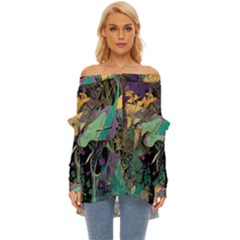 Ai Generated Flowers Trees Forest Mystical Forest Pattern Off Shoulder Chiffon Pocket Shirt by Ravend