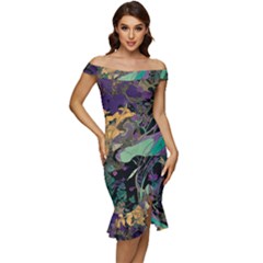 Ai Generated Flowers Trees Forest Mystical Forest Pattern Off Shoulder Ruffle Split Hem Bodycon Dress by Ravend