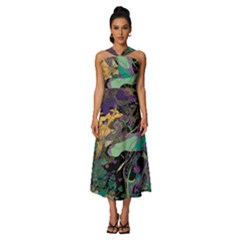 Ai Generated Flowers Trees Forest Mystical Forest Pattern Sleeveless Cross Front Cocktail Midi Chiffon Dress