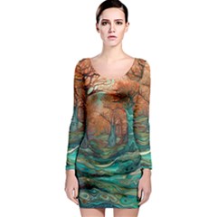 Ai Generated Tree Forest Mystical Forest Nature Long Sleeve Bodycon Dress by Ravend