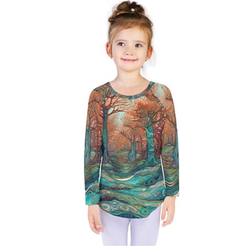 Ai Generated Tree Forest Mystical Forest Nature Kids  Long Sleeve Tee by Ravend