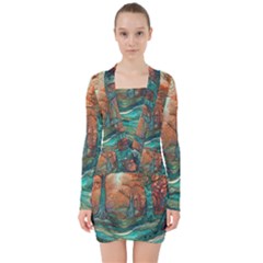 Ai Generated Tree Forest Mystical Forest Nature V-neck Bodycon Long Sleeve Dress by Ravend