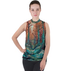 Ai Generated Tree Forest Mystical Forest Nature Mock Neck Chiffon Sleeveless Top by Ravend