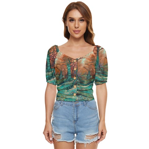 Ai Generated Tree Forest Mystical Forest Nature Button Up Blouse by Ravend