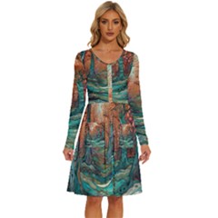 Ai Generated Tree Forest Mystical Forest Nature Long Sleeve Dress With Pocket by Ravend