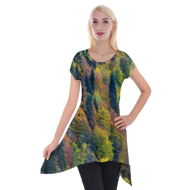 Forest Trees Leaves Fall Autumn Nature Sunshine Short Sleeve Side Drop Tunic