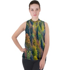 Forest Trees Leaves Fall Autumn Nature Sunshine Mock Neck Chiffon Sleeveless Top by Ravend