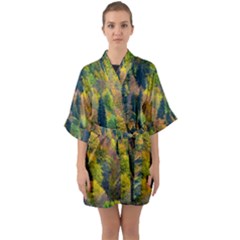 Forest Trees Leaves Fall Autumn Nature Sunshine Half Sleeve Satin Kimono  by Ravend