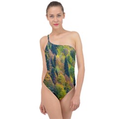 Forest Trees Leaves Fall Autumn Nature Sunshine Classic One Shoulder Swimsuit by Ravend