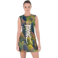 Forest Trees Leaves Fall Autumn Nature Sunshine Lace Up Front Bodycon Dress by Ravend