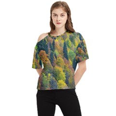 Forest Trees Leaves Fall Autumn Nature Sunshine One Shoulder Cut Out Tee by Ravend