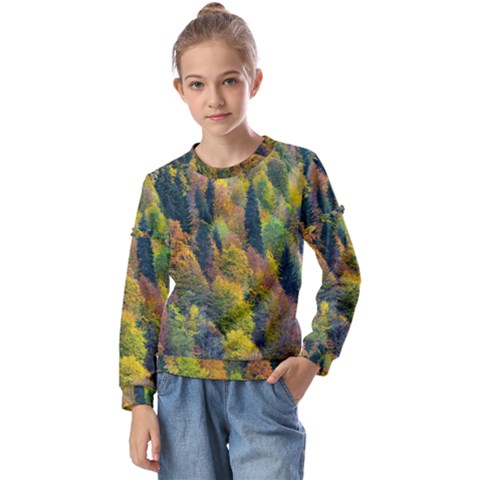 Forest Trees Leaves Fall Autumn Nature Sunshine Kids  Long Sleeve Tee With Frill  by Ravend