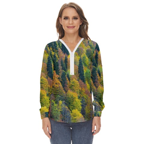 Forest Trees Leaves Fall Autumn Nature Sunshine Zip Up Long Sleeve Blouse by Ravend