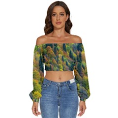 Forest Trees Leaves Fall Autumn Nature Sunshine Long Sleeve Crinkled Weave Crop Top by Ravend