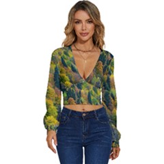 Forest Trees Leaves Fall Autumn Nature Sunshine Long Sleeve Deep-v Velour Top by Ravend