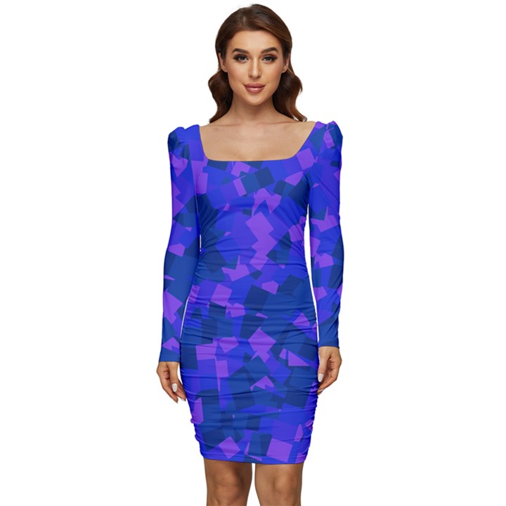 Cold Colorful Geometric Abstract Pattern Women Long Sleeve Ruched Stretch Jersey Dress