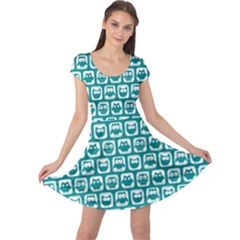 Teal And White Owl Pattern Cap Sleeve Dress by GardenOfOphir