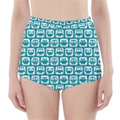 Teal And White Owl Pattern High-waisted Bikini Bottoms by GardenOfOphir