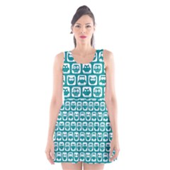 Teal And White Owl Pattern Scoop Neck Skater Dress by GardenOfOphir