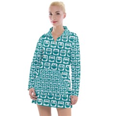 Teal And White Owl Pattern Women s Long Sleeve Casual Dress by GardenOfOphir