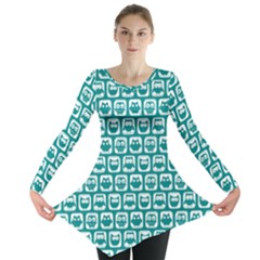 Teal And White Owl Pattern Long Sleeve Tunic  by GardenOfOphir