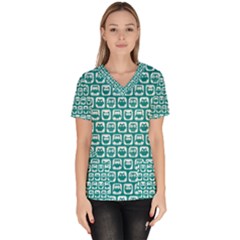 Teal And White Owl Pattern Women s V-neck Scrub Top by GardenOfOphir