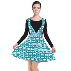 Teal And White Owl Pattern Plunge Pinafore Dress by GardenOfOphir