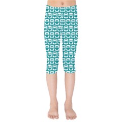 Teal And White Owl Pattern Kids  Capri Leggings  by GardenOfOphir