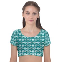 Teal And White Owl Pattern Velvet Short Sleeve Crop Top  by GardenOfOphir