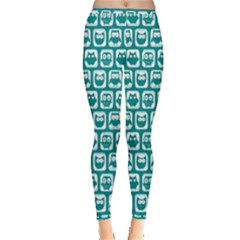 Teal And White Owl Pattern Inside Out Leggings by GardenOfOphir