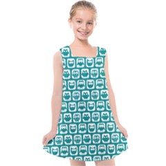 Teal And White Owl Pattern Kids  Cross Back Dress by GardenOfOphir